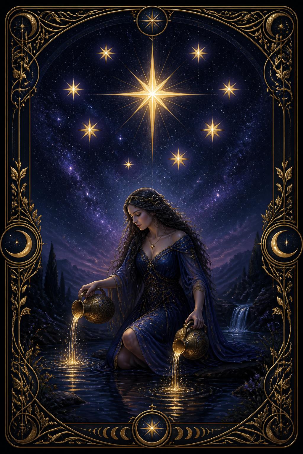 Carta de Tarot A Estrela, com uma figura celestial derramando luz dourada sob um céu estrelado